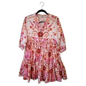 Label Ritu Kumar Pink & Rust Floral Tie-Neck Dress Size L